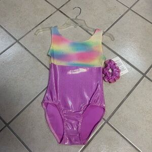 Girls 12-14 Metallic Gymnastics Dance Bodysuit Leotard & hair Scrunchie Set NWT